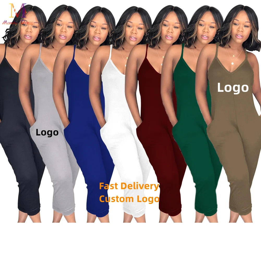 

Custom Logo Casual Sexy Sleeveless Women Rompers Slip Solid Color Summer Plus Size Ladies One Piece Jumpsuit