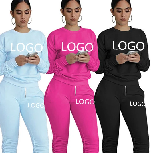 

PDEP drop shipping custom logo round neck ladies sweatshirt high stretch autumn sweatpants set for women, As picture