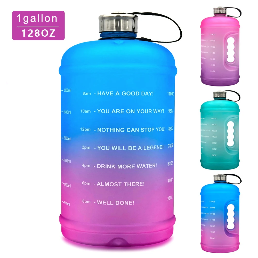 

1 Gallon fitness water bottle with custom logo with straw water bottles gym 1 gallon water jug with time marking with hooks