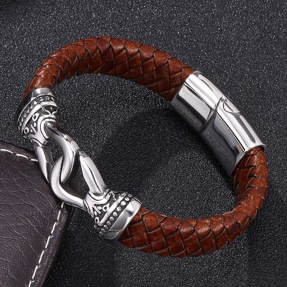 

Fashion Men Jewelry Punk Rock Brown Braided Leather Charm Bracelet for Man S.Steel Magnetic Clasp Male Leather Bangle Gifts New