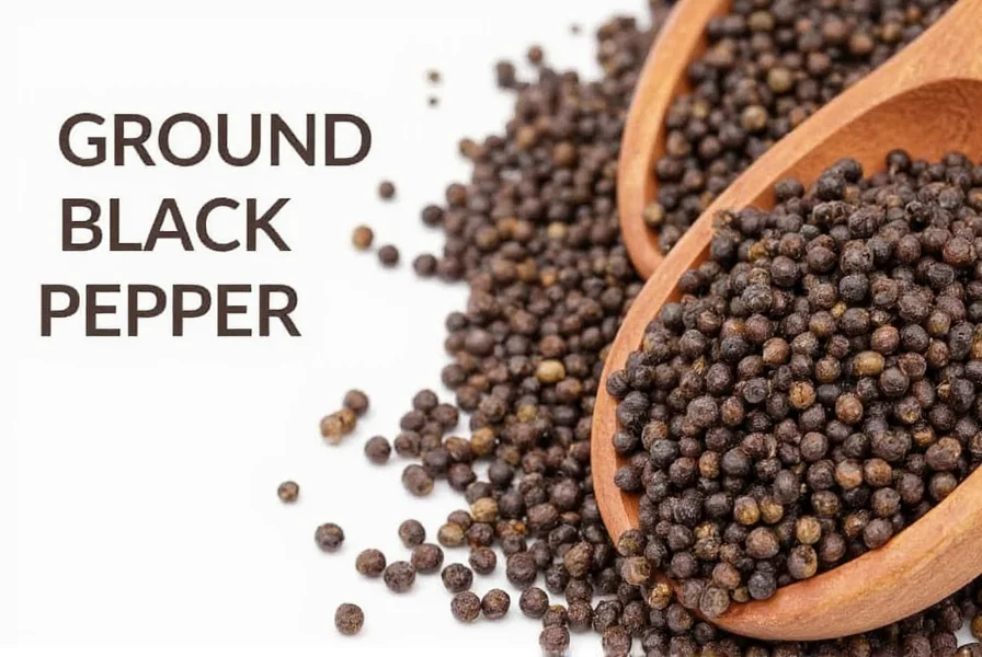 Close-up photography of freshly ground black pepper on white surface showing fine texture and dark color