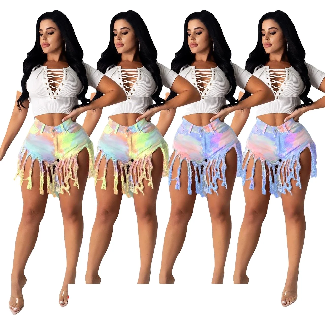 

summer new arrivals hot selling Neon Denim Women Gradient ripped tassel jeans for girls fashion