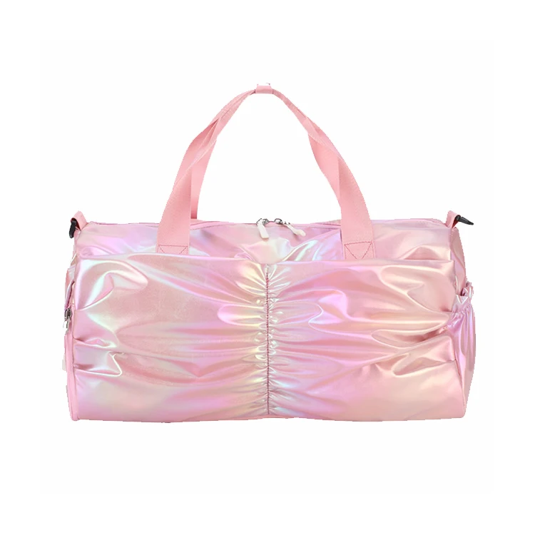 

Fashionable Iridescent PU Leather Pink Sport Gym Duffel Travel Bags With Shoe Compartment, Pink or customized
