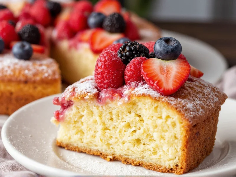 Moist slice of homemade pound cake with berries