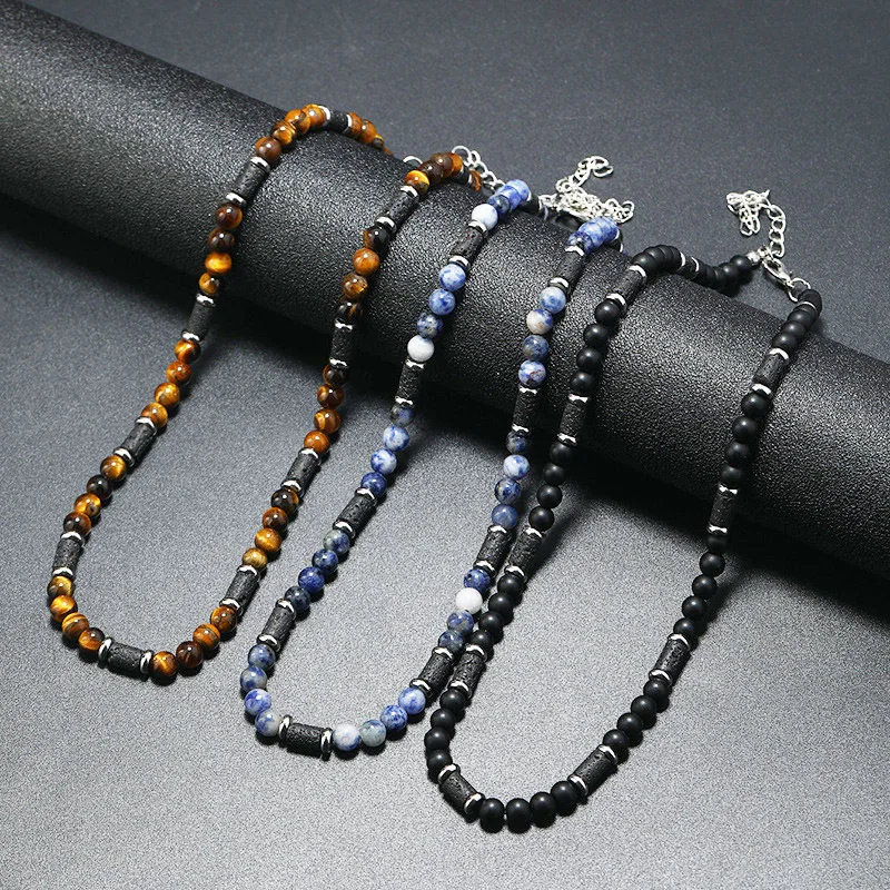 

New Fashion Natural Stone Tiger Eye Matte Onyx Hematite Beads Stainless Steel Clasp Lava Stone Necklace Men 45cm