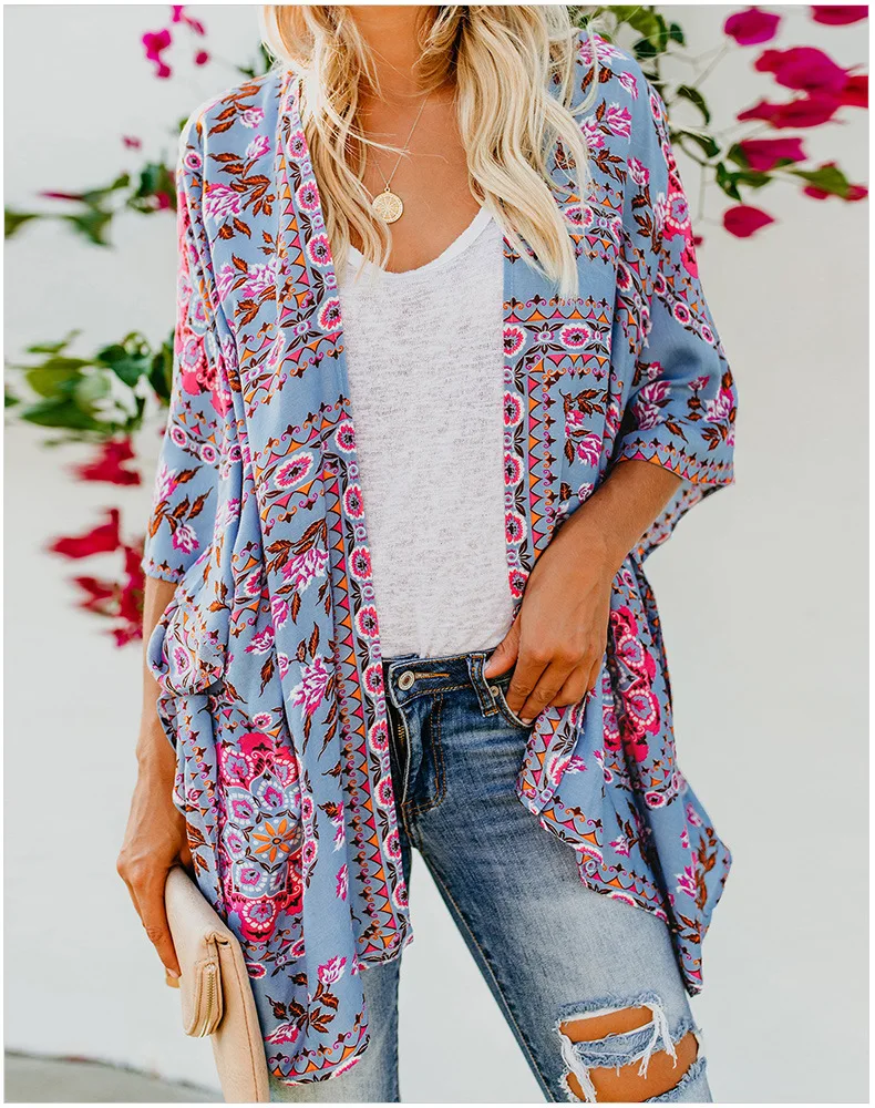 

2021 Fashion Womens Fashion Print Kimono Tassel Casual Cardigan Loose Cover up