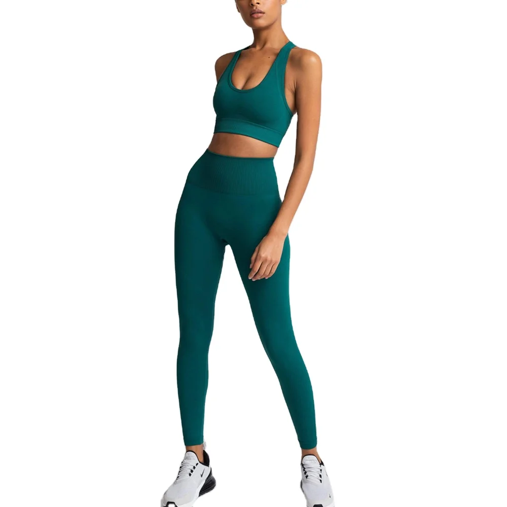 

Hot sell 90% polyamide 10%elastane Workout Yoga Sets Clothes Fitness Seamless Yoga Leggings And Sports Bra Set yoga set, Shown