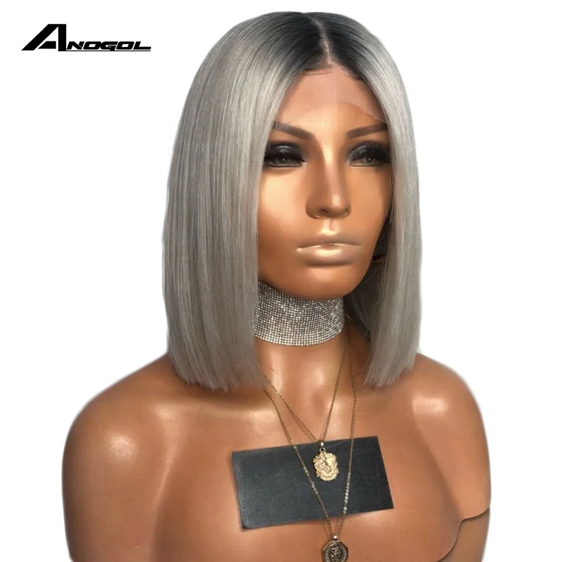 

Anogol Black Ombre Silver Gray Synthetic Lace Front Wig For Women Short Straight Bob Wigs High Temperature Fiber Middle Part