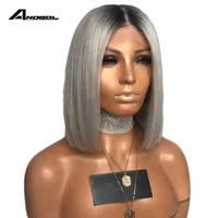 

Anogol Black Ombre Silver Grey Synthetic Lace Front Wig For Women Short Straight Bob Wigs High Temperature Fiber Middle Part