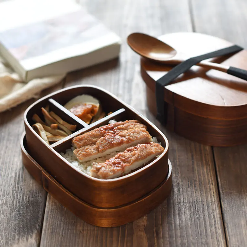 

Simple Wooden Lunch Box Portable Bento Box Home Office Food Container With Compartments Lunch Box, Burlywood