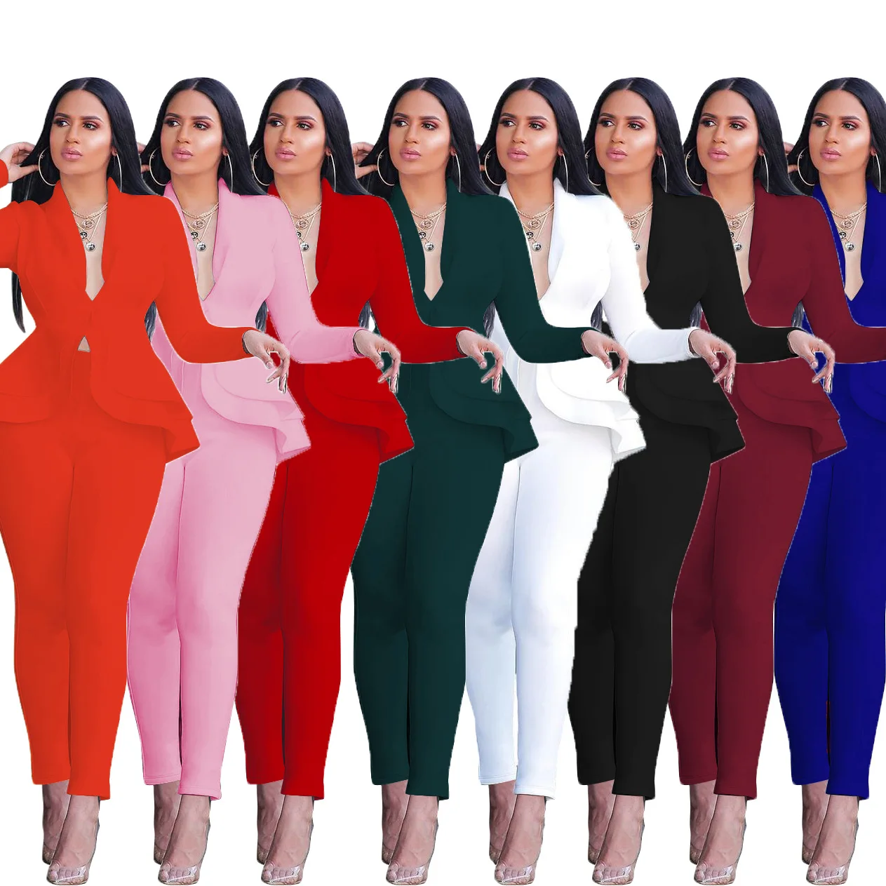 

Favourite Women Slim Fitting Full Sleeve Ruffle Blazers Pants Two Piece Set Office Lady Business Deep V-Neck Collect Waist Suits