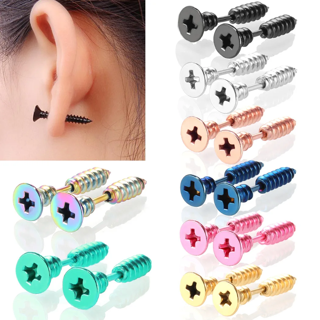 

VRIUA Stainless Steel Fashion Gold Black Color Stainless Nail Screw Stud Earring for Women Men Helix Ear Piercings Jewelry, Multicolor