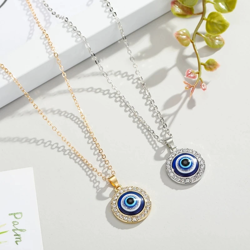 

Turkish Glass Pendant Necklace Chain Collar Bone Round Necklace for Women