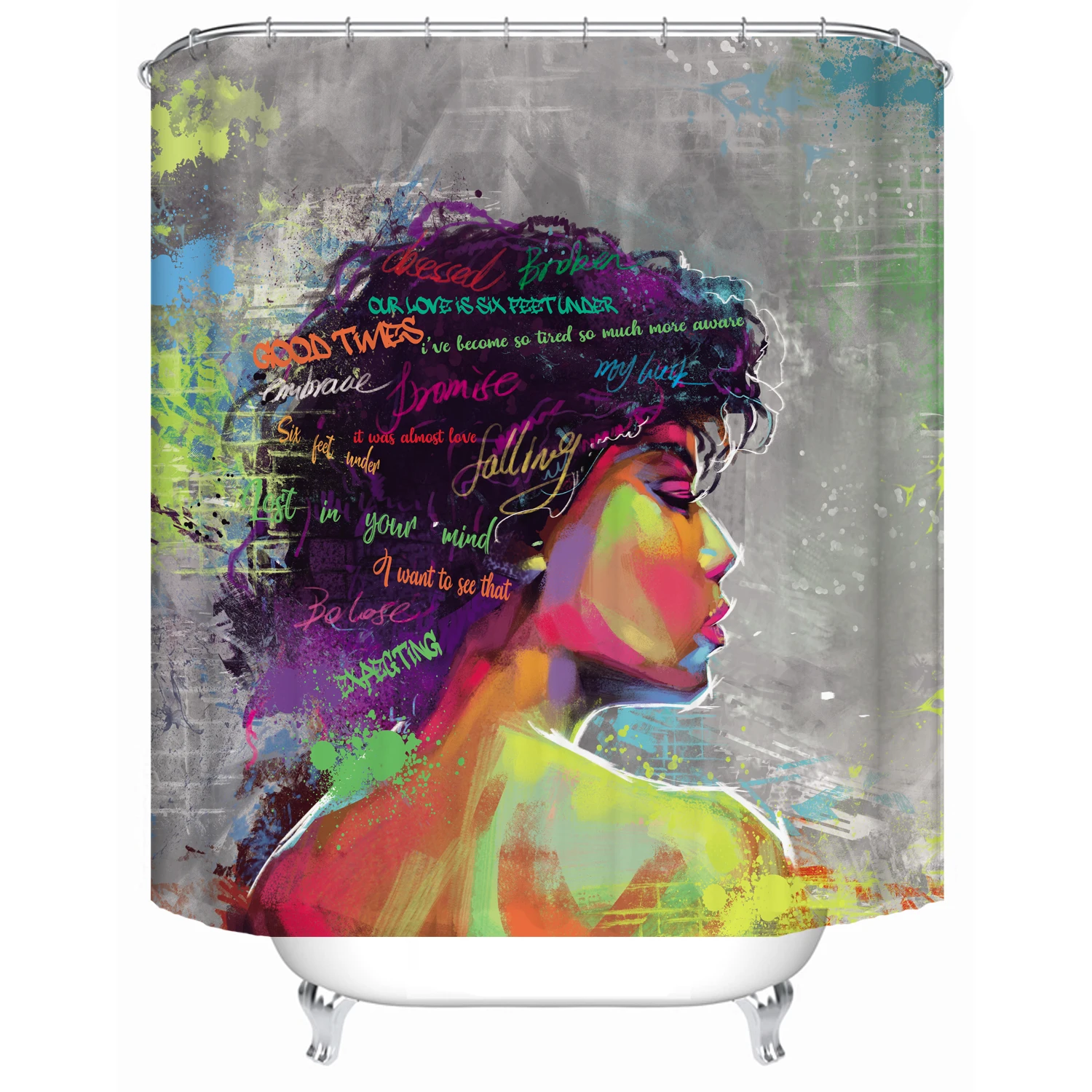 

12 Hooks Waterproof Fabric Shower Curtain Liner Covered Bathtub African Woman American Black Girl Print Bathroom Curtains