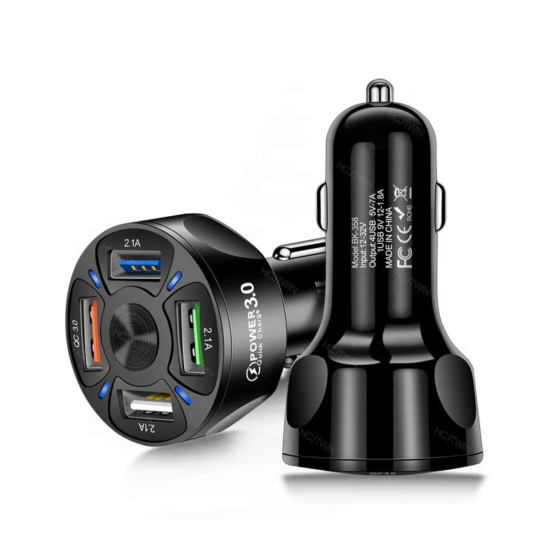 

2021 Hot Sell Product QC 3.0 Usb Car Charger High Quality 4 Port Electric 7A Car Charger QC3.0 Fast Mobile Phone Car USB Charger, Black white