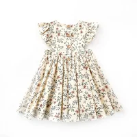 

2019 new baby girls party pinafore floral design 100% cotton kids clothing ruffle sleeve floral girl dress