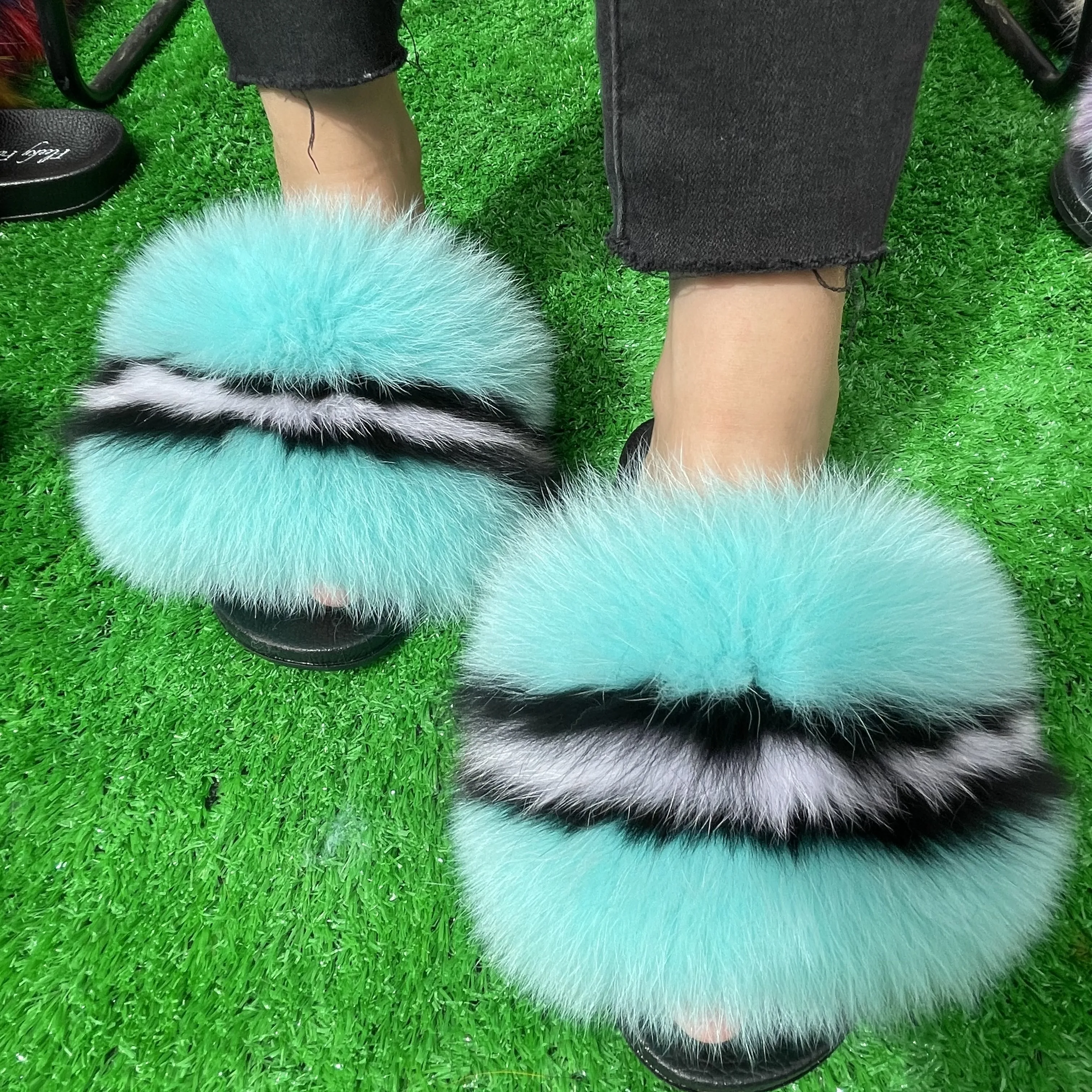 

Fur slippers stable quality fox fur soft sandals wholesale women's slippers fluffy fur slippers, Customized color