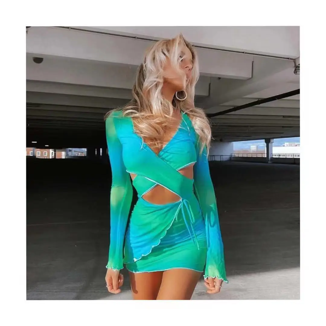 

2021 Hot Summer Long Sleeve Tie up Glide Sexy Hollow-out Cover up Beach Sundresses Bodycon Two Piece Skirt Set Women Clothing