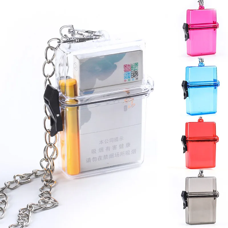 

hintcan ins style clear waterproof plastic cigarette case box with silver chain, Clear,red,blue,gray,black,pink