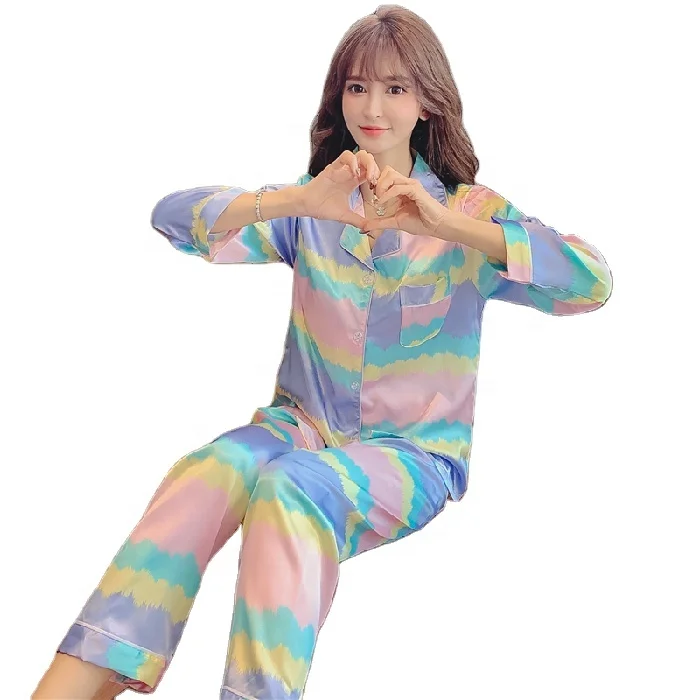 

Women's Colorful Beauty Sleepwear Rainbow Pattern Star Print Long Sleeve Silk Satin Girls Cute Pajamas Set, 2 colors