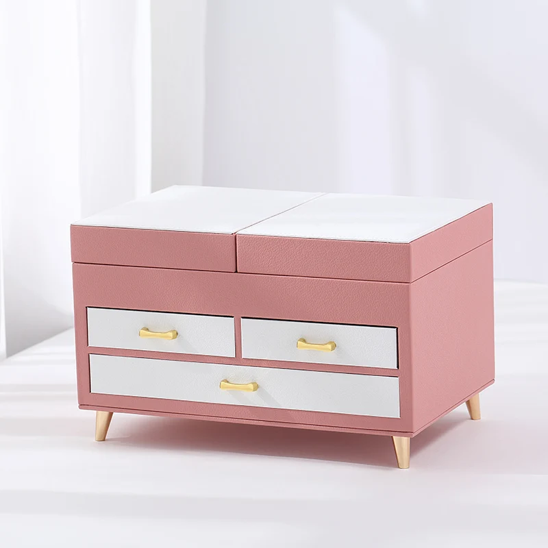 

2020 New Design Pink White Luxury Large PU Leather Jewelry Box Organizer Velvet Necklace Ring Earring Jewellery Storage Case