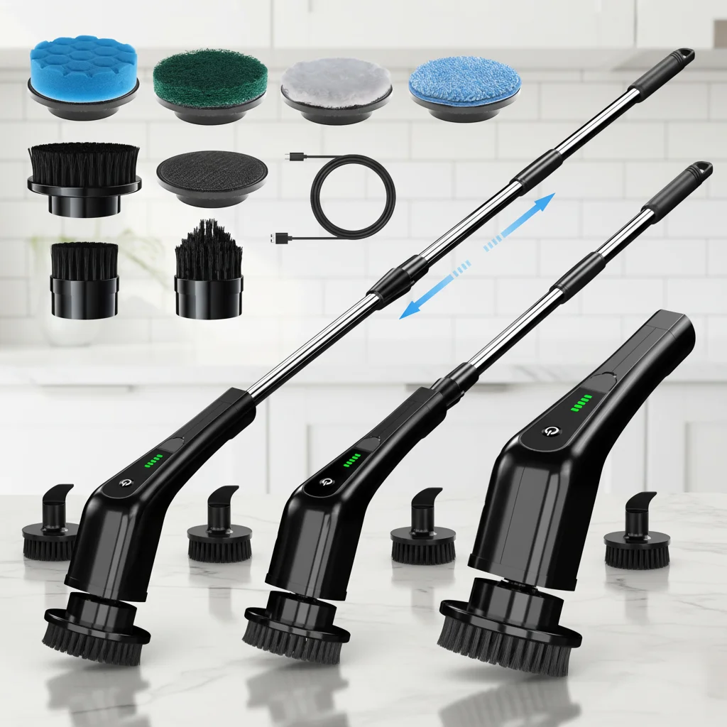 7-in-1 Replacement Brush Heads & Extension Handle Eco-Friendly Electric Cleaning Brush Spin Scrubber for Household Bathroom