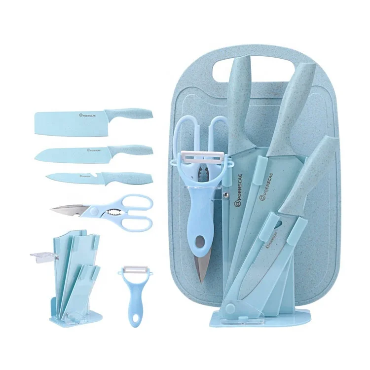 

Blue color kitchen hunting stainless steel blade chopping board knife sets