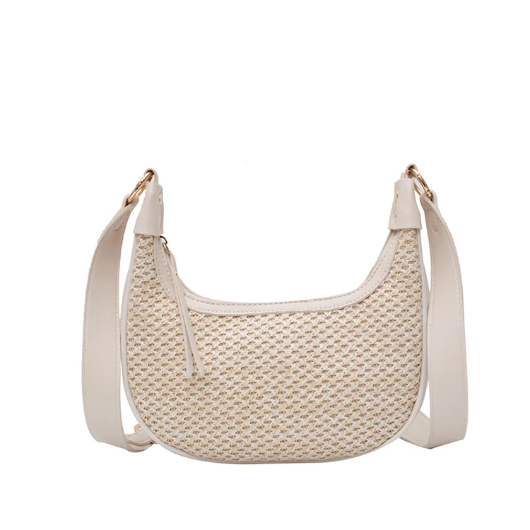 

2021 Spring New Grass Woven Underarm Bags Fashion Leisure Vacation Summer Beach Straw Weave Half Moon Tote Bags, 2colors