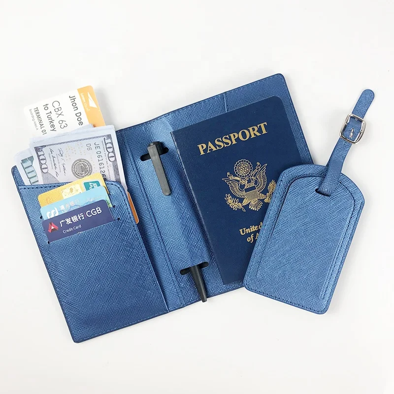 

Factory Price Saffiano PU Leather Travel Passport Cover Passport Holder And Luggage Tag Set