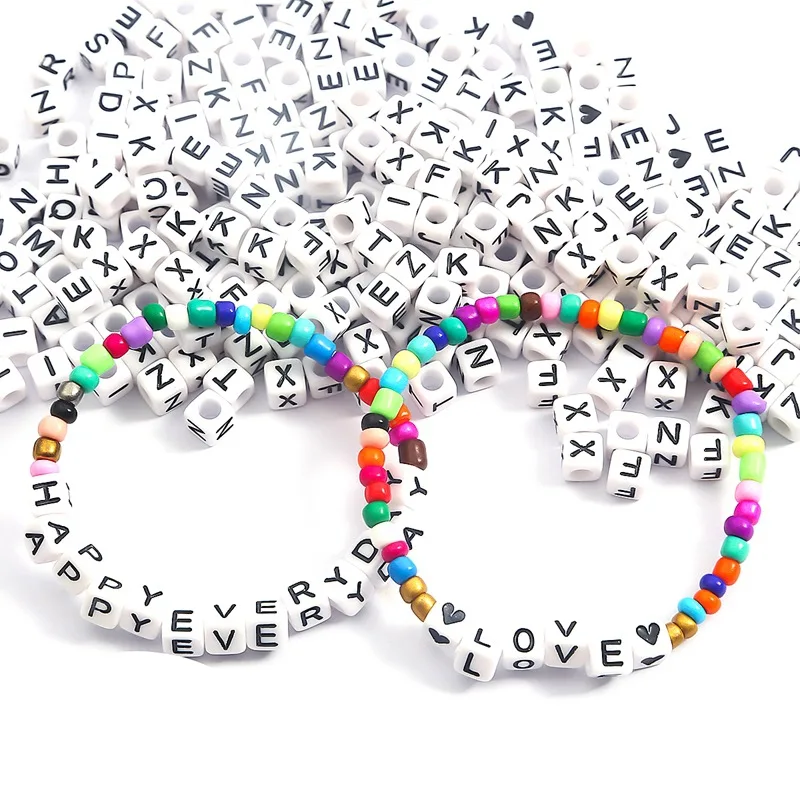 

6mm White Cube Alphabet Handmade Crafting Acrylic Letter Beads with Big Hole All letters from A to Z