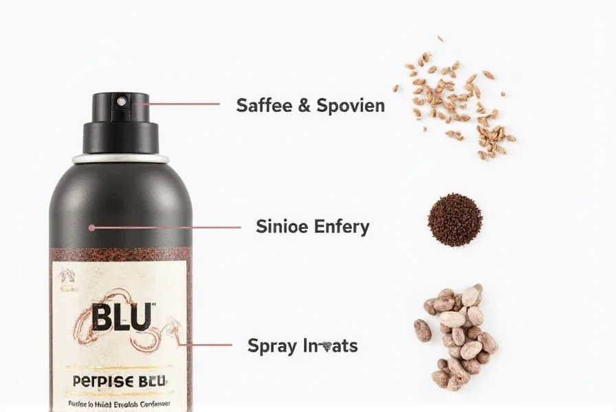 Pepper Blu canister showing safety mechanism, spray pattern, and size comparison to common objects