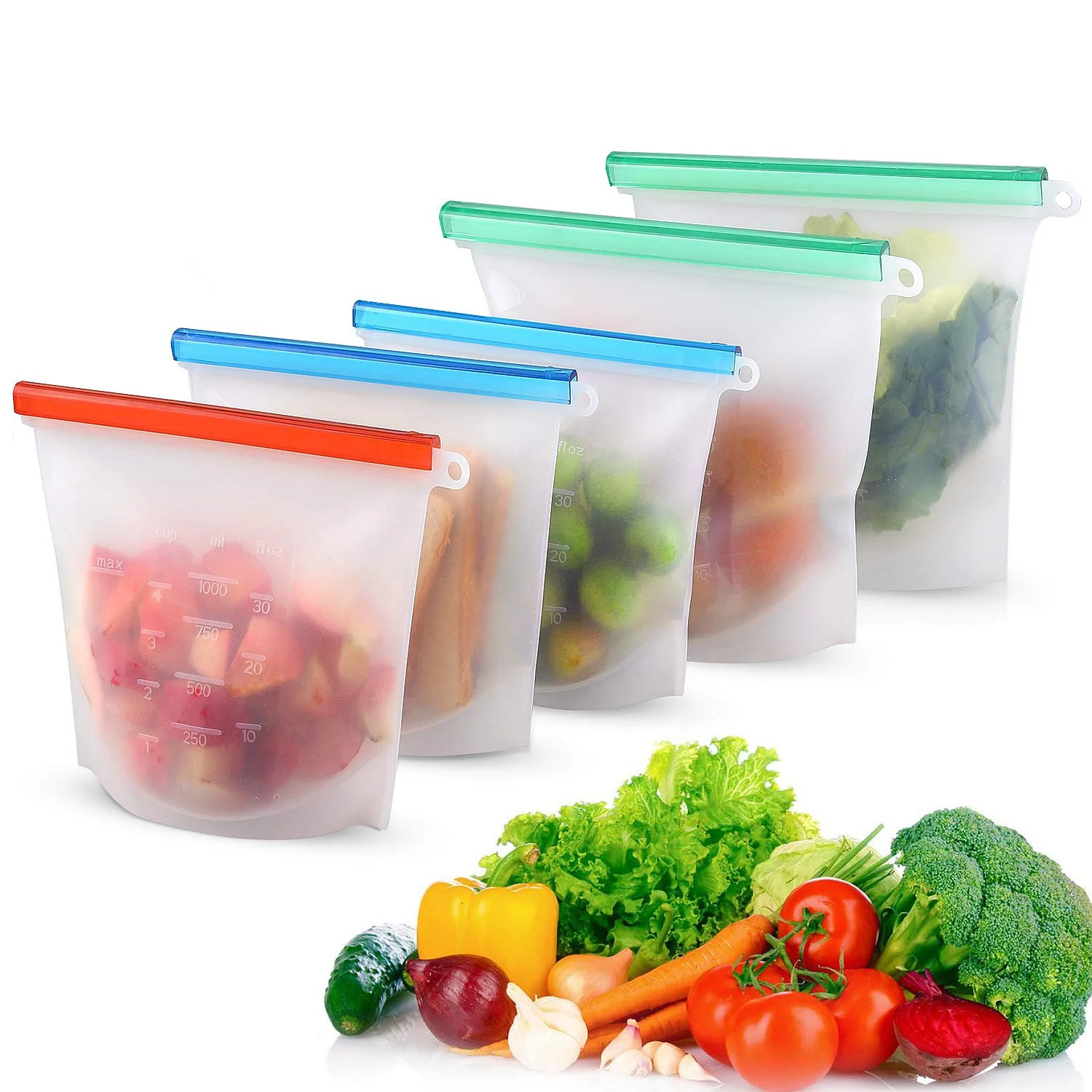 

500/1000/1500/ML Reusable Food Saver Sealer Bags Storage Leakproof Ziplock Silicone Bag for Food Fruits Bolsas De Silicona, White, red, blue, green, customized