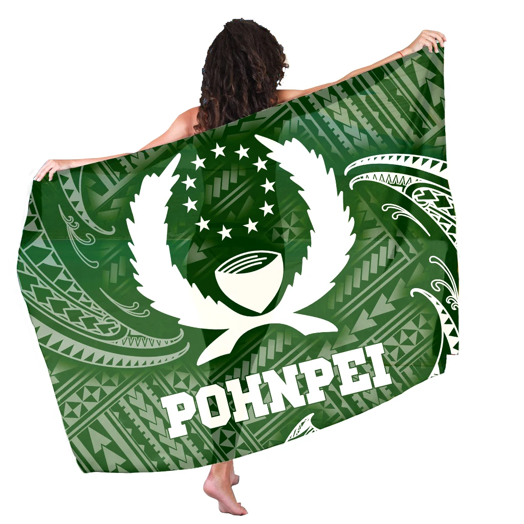 

Fashion Wholesale Custom Green Hawaiian Sarongs Microfiber Beach Towel Women Pohnpei Flag Tribla Print Custom Beach Towel