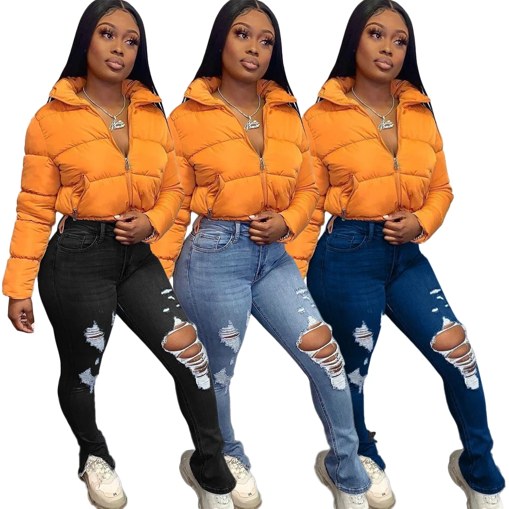 

LSD8792 new fall winter casual ladies jeans solid color ripped holes tassel split stretch tight waist pencil pants women jeans, Picture color