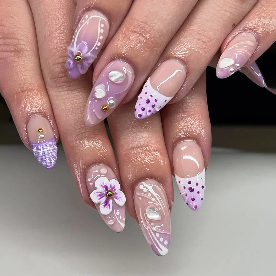 24 Pcs French Fresh Manicure Purple Ombre 3D Flower Nail Overlays Almond Shape Acrylic Press on Nails Customize False Nails 3503