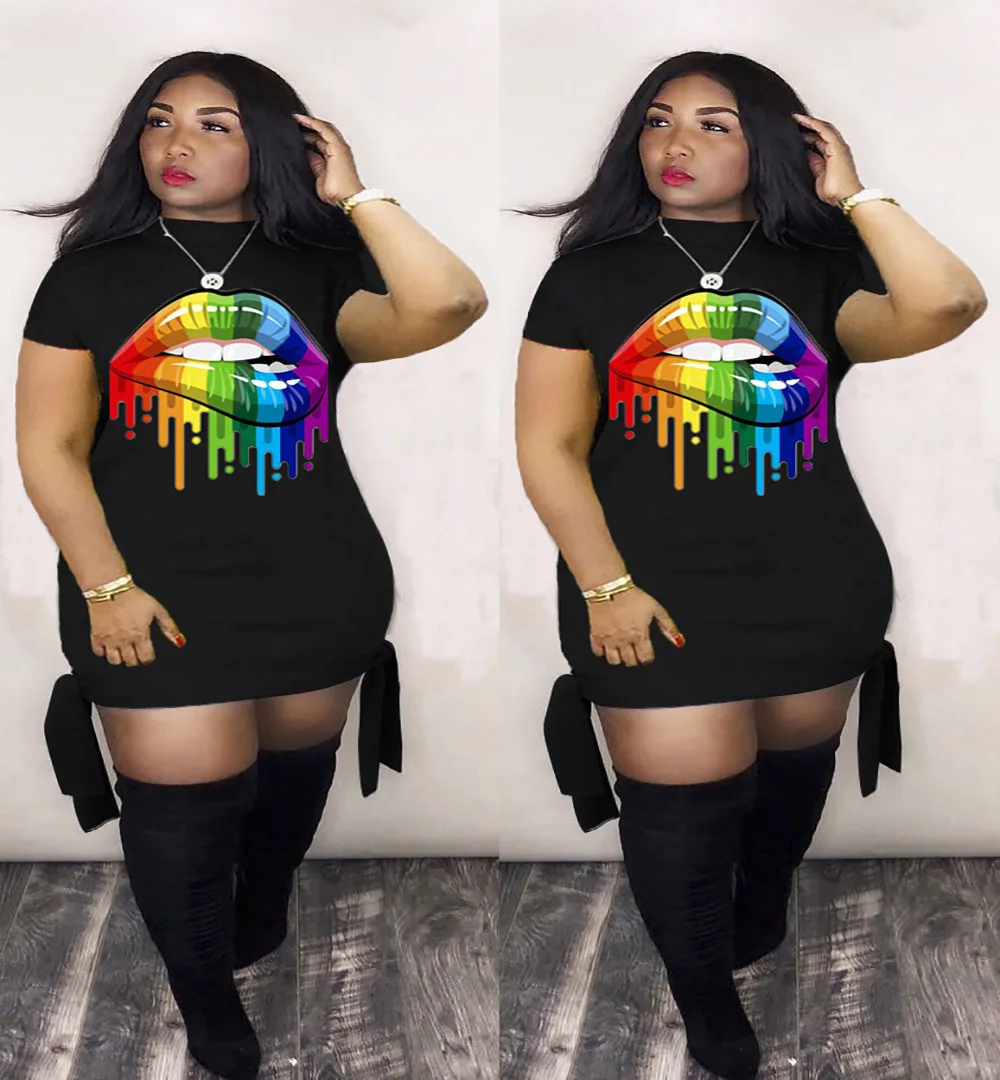 

Casual wholesale plus size women dress 5xl t shirt dress plus size fat women Short-sleeved cotton dress with lip tie