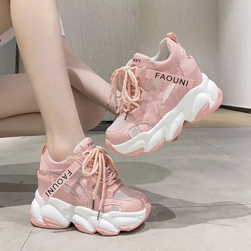 

High Platform Women Sneakers 2021 Spring Thick Sole Breathable Mesh Walking Shoes Casual Shoe Chunky Shoes Woman Zapatos Mujer, White,grey,pink