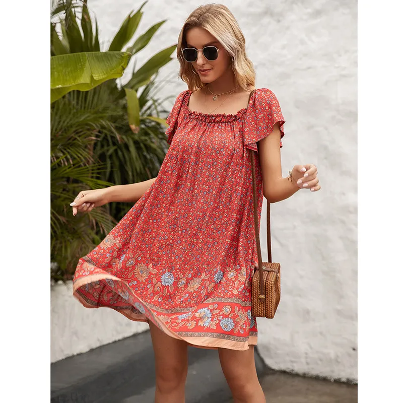 

Off Shoulder Summer Dresses Women Ruffle Pleated Short Dress Elegant Holiday Loose Beach Mini Dress, Shown