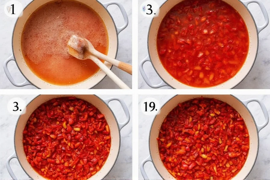 Step-by-step preparation of red pepper jam showing chopped peppers in pot with sugar and vinegar mixture