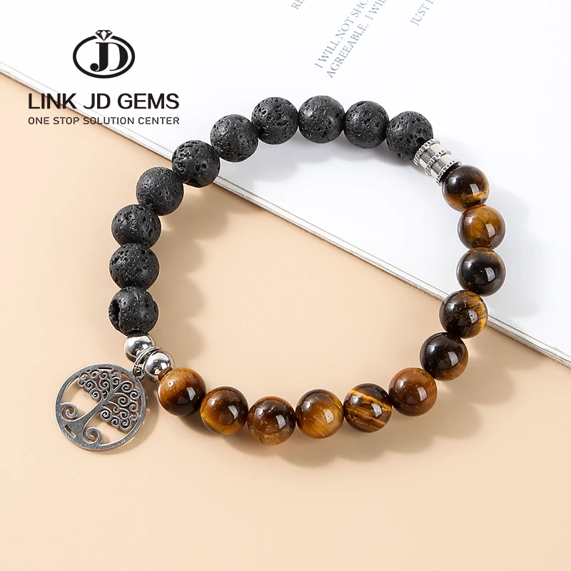 

Natural Stone Jewelry Natural Volcanic Stone Life Tree Bead Bracelet Tiger Eye Stone Fashion Titanium Steel Bracelet