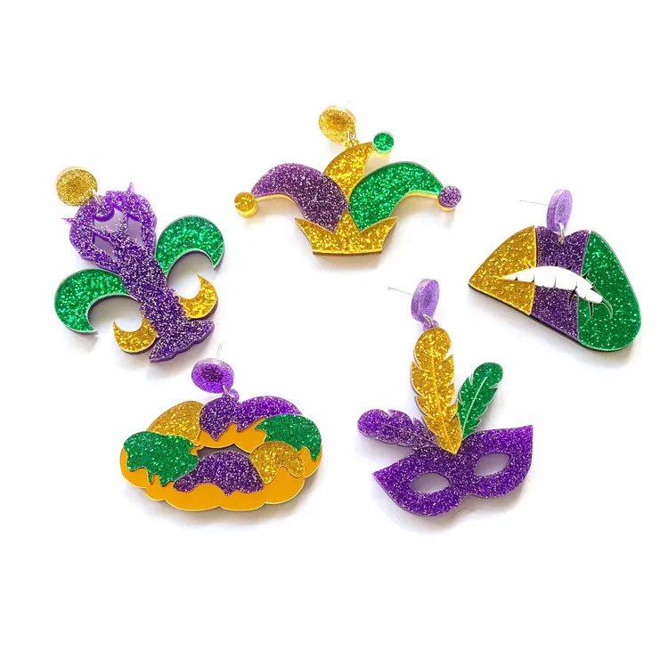 

SC New Design 2023 Mardi Gras Earrings Women Fashionable Tricolor Lobster Clown Hat Mouth Feather Mask Drop Acrylic Earrings