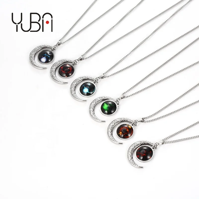 

Cheap Stainless Steel Transparent Glass Luminous Design Fashion 12 Moonlight Pendant Necklaces, Silver color