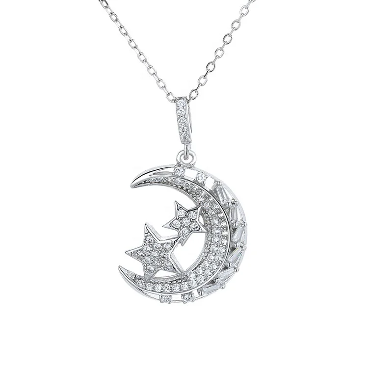 

Yaeno Classic Rhinestone Moon and Star Pendant with Necklace in Sterling Silver 925, As customer request