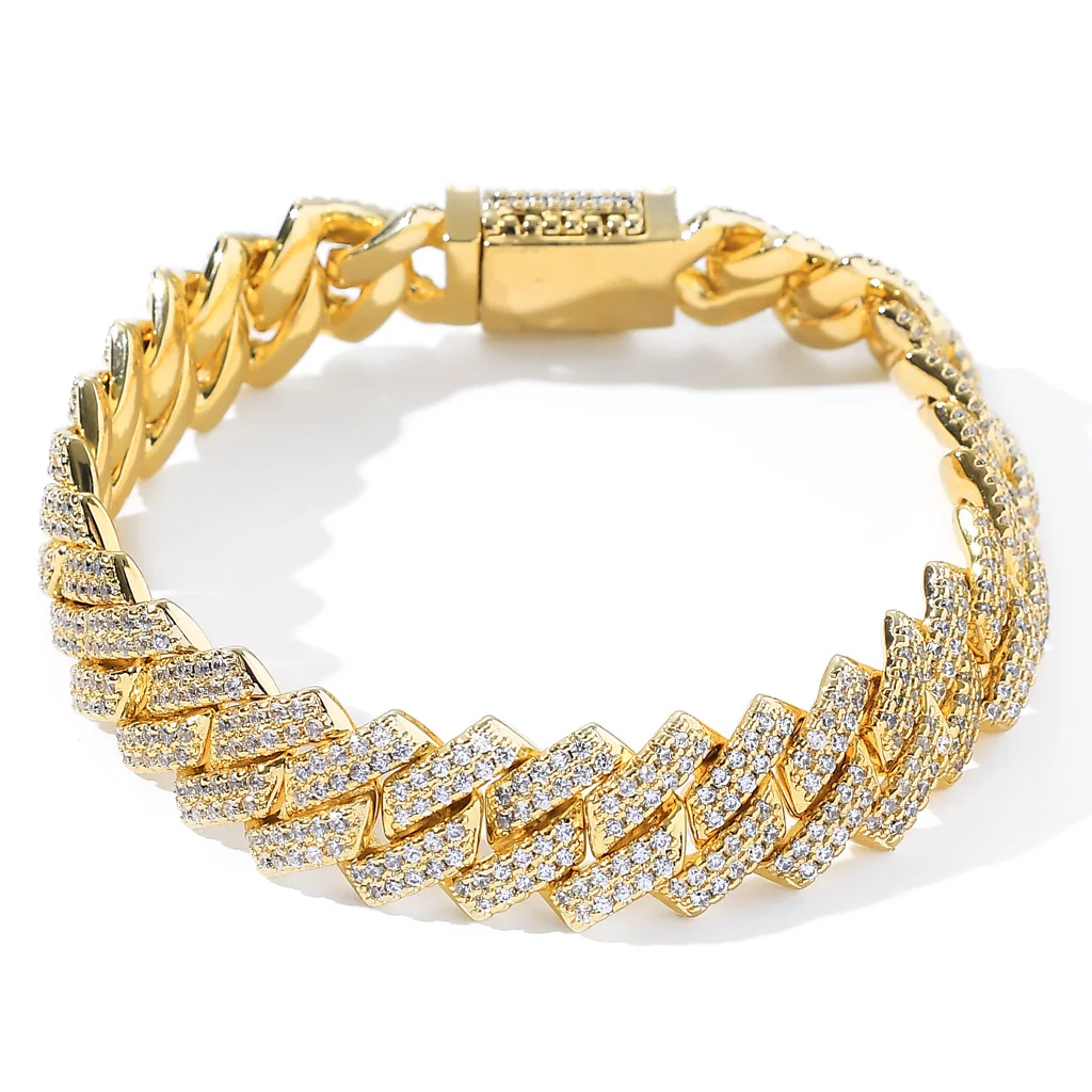 

Bling 14mm Strip Diamond Miami Cuban Chain Bracelet Gold Brass Iced Out CZ Cuban Link Bracelet Bijouterie Mens Hiphop Jewelry