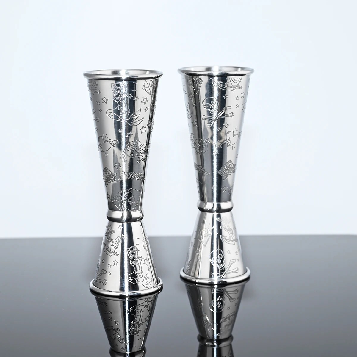 1/2oz Metal Cocktail Measuring Cup Silver Etching Pattern 30/60ml  Stainless Steel Bar Japanese Double Jigger