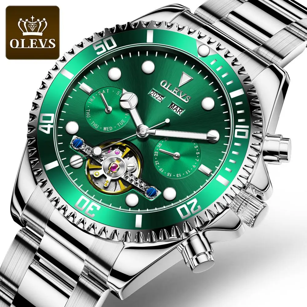 

Tourbillon Wristwatches OLEVS Men's Auto Date Custom Logo Luxury Stainless Steel Chronograph Skeleton Automatic Mechanical Watch
