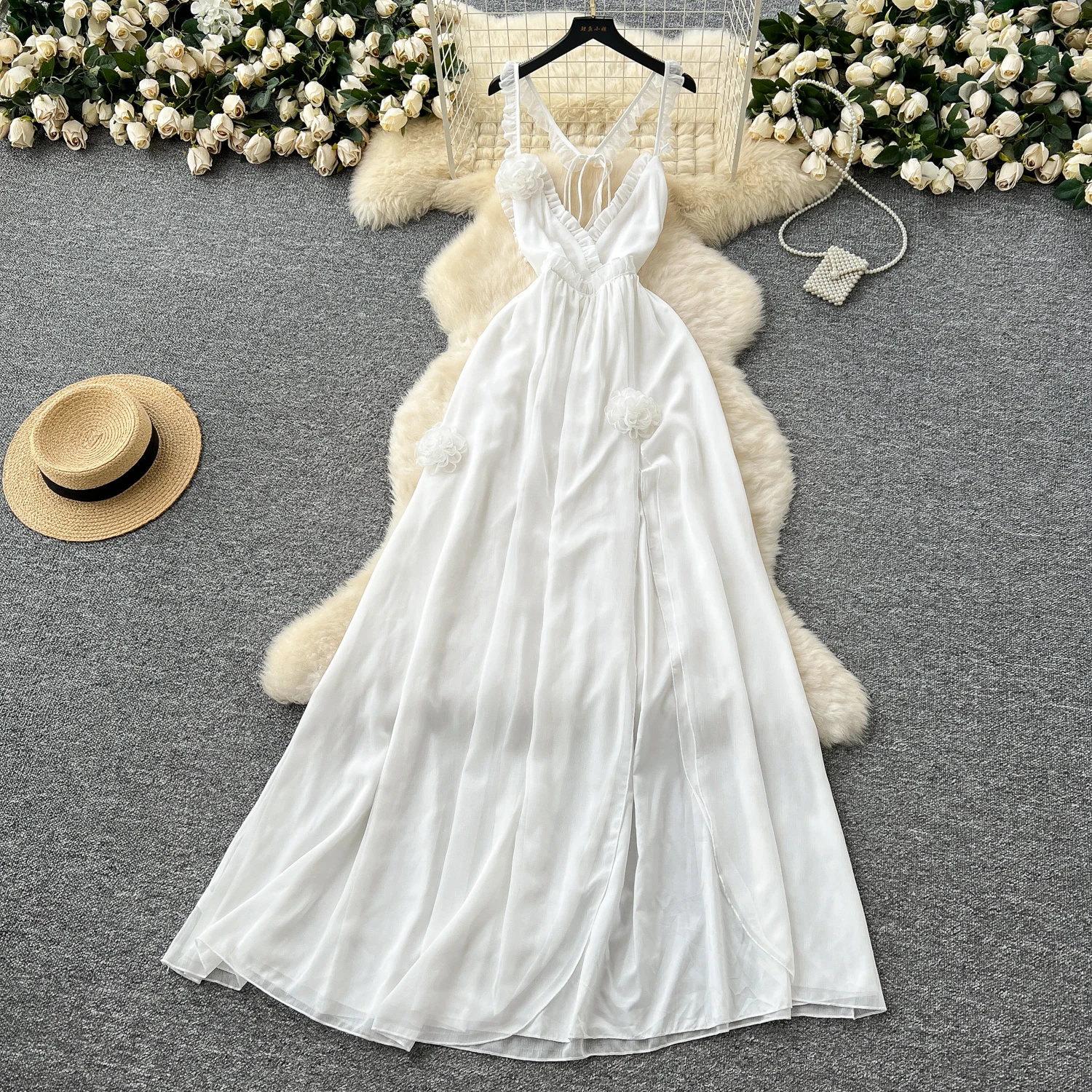 Deep V Neck 3D Floral Strap Maxi Dress