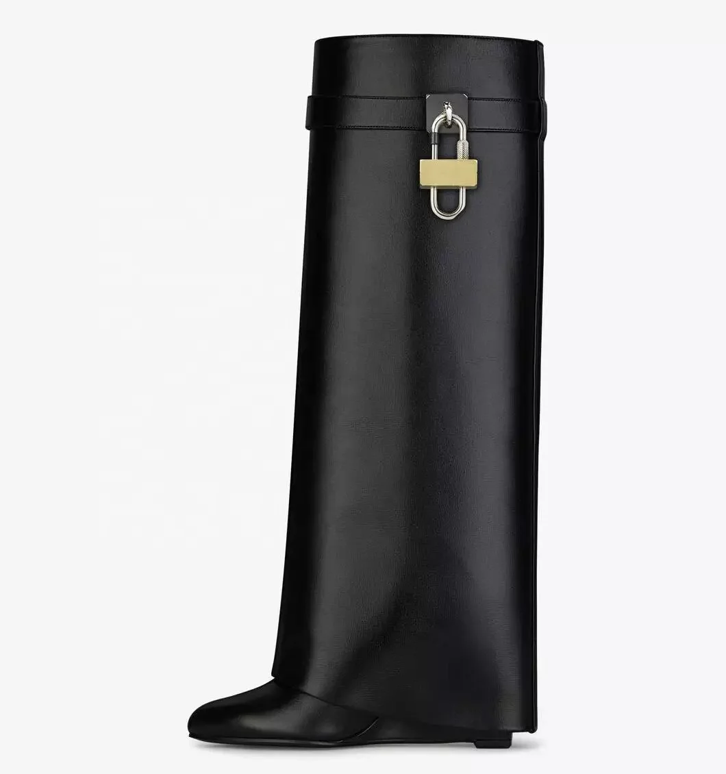 

ZHEZHE 2022 Fashion Design Women Casual Shoes Black Covered Women's Wedges Thigh High Boots with lock, Customized color