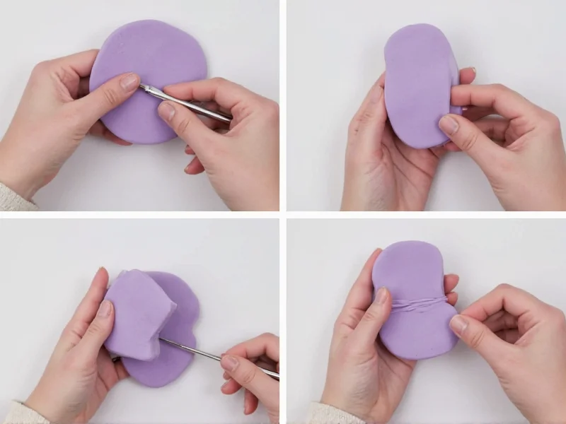 Step-by-step polymer clay pin creation with rolling and cutting