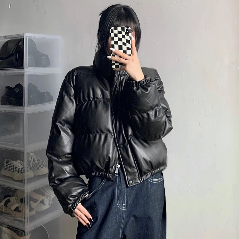 

S- L warm fall autuom long sleeve high neck zipper short pu leather women cotton duck feather puff coat